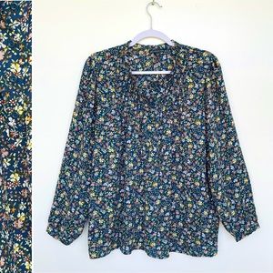Adrianna Papell Georgette Floral Blouse Popover Ruffle Neck Long Sleeve Pintuck